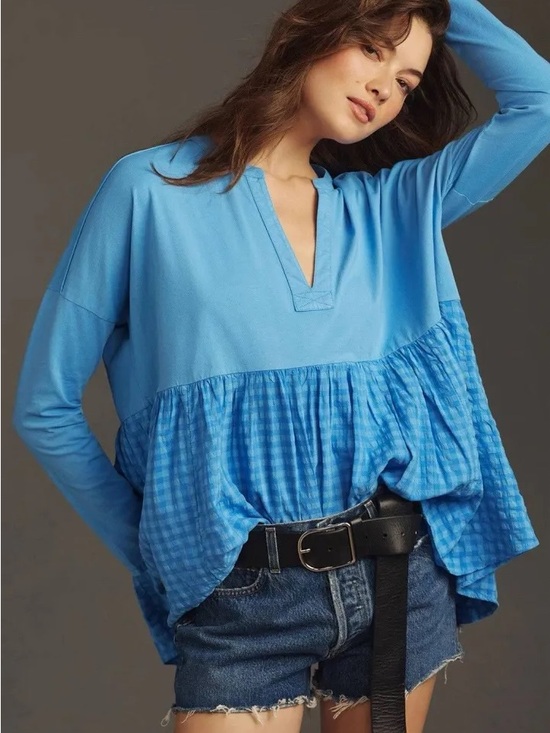 Pilcro Tops - Pilcro Anthropologie Long Sleeve Gingham Babydoll Blouse Blue Small